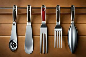 a set of four utensils hanging on a wooden wall. AI-Generated photo