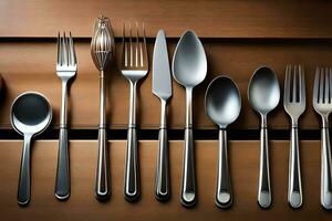 a collection of silverware on a wooden surface. AI-Generated photo