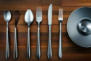 silverware on wooden table with flat lay. AI-Generated photo