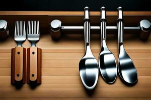 four silver spoons and forks sit on a wooden table. AI-Generated photo