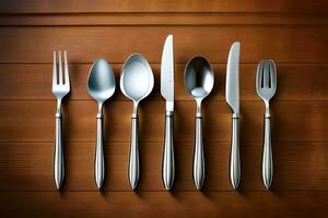 five silverware utensils on a wooden table. AI-Generated photo