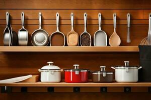 a shelf with many different utensils and pans. AI-Generated photo