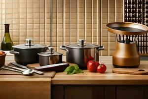 a kitchen with pots and pans on a counter. AI-Generated photo