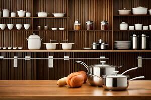 a kitchen with a wooden shelf and pots and pans. AI-Generated photo