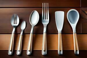 five different types of utensils are shown on a wooden table. AI-Generated photo