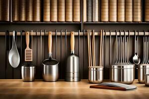 a shelf with many different utensils and spoons. AI-Generated photo