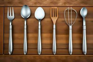 a set of four silverware utensils on a wooden surface. AI-Generated photo