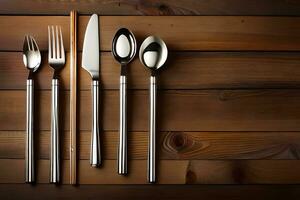 four silverware and a fork on a wooden table. AI-Generated photo