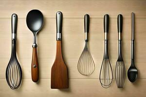 un grupo de diferente cocina utensilios en un de madera superficie. generado por ai foto