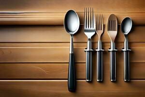 four forks and spoons on a wooden table. AI-Generated photo