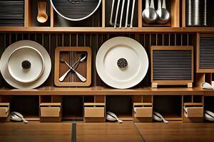 a shelf with many plates and utensils on it. AI-Generated photo