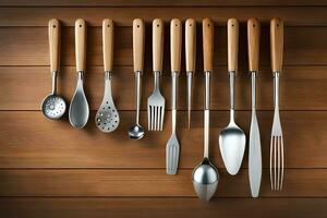 a set of utensils on a wooden table. AI-Generated photo