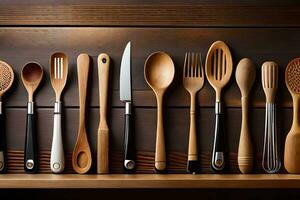 a row of wooden utensils are lined up on a shelf. AI-Generated photo