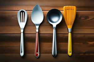 kitchen utensils on wooden background. AI-Generated photo