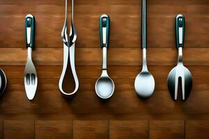 a collection of utensils on a wooden surface. AI-Generated photo