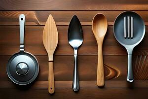 a group of four different utensils on a wooden table. AI-Generated photo