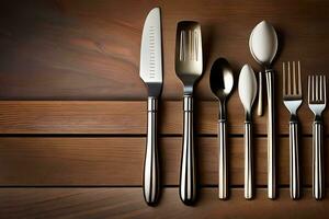 a set of silverware on a wooden table. AI-Generated photo