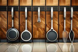 kitchen utensils hanging on a wall in a kitchen. AI-Generated photo