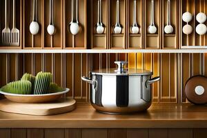 a kitchen with a pot, spoons and utensils on a wooden shelf. AI-Generated photo