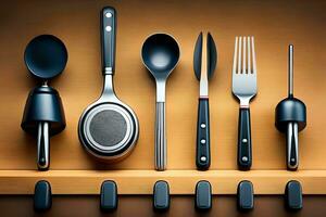 a set of utensils on a shelf. AI-Generated photo