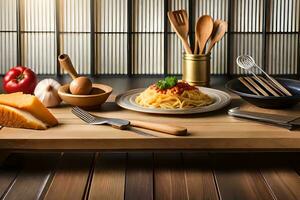 a wooden cutting board with pasta, vegetables and utensils. AI-Generated photo