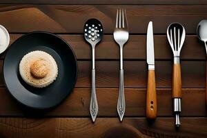 a set of utensils on a wooden table. AI-Generated photo