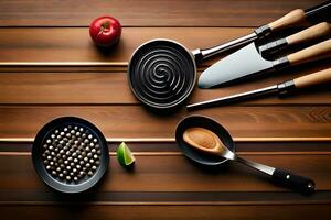 a wooden table with a variety of cooking utensils. AI-Generated photo