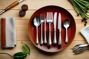 un rojo plato con cubiertos y cuchillos en él. generado por ai foto