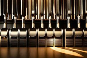 a row of pipes in a room with a light shining on them. AI-Generated photo