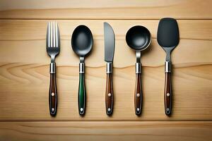 four different types of utensils on a wooden table. AI-Generated photo