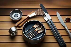 a variety of utensils and spoons on a wooden table. AI-Generated photo