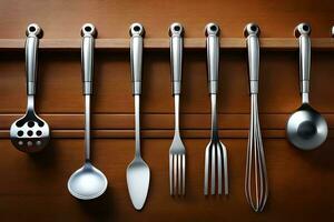 a row of utensils are lined up on a wooden shelf. AI-Generated photo