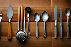 a collection of silverware on a wooden table. AI-Generated photo