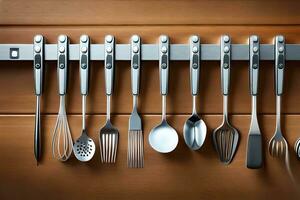 a rack of utensils hanging on a wall. AI-Generated photo