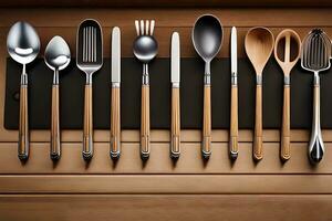 a set of different types of utensils on a wooden table. AI-Generated photo