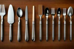 a collection of silverware on a wooden table. AI-Generated photo