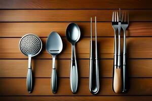 a set of silverware on a wooden table. AI-Generated photo