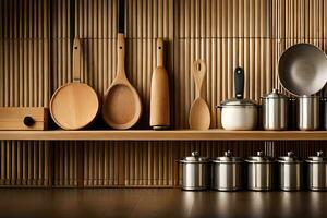 a shelf with wooden utensils and pans on it. AI-Generated photo