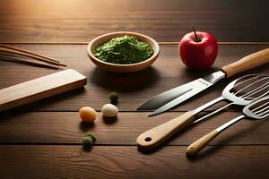 kitchen utensils on wooden table. AI-Generated photo