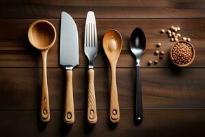a group of wooden utensils on a wooden table. AI-Generated photo