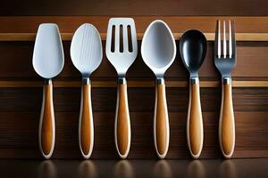 five different utensils are lined up on a wooden surface. AI-Generated photo