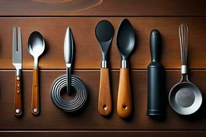 a collection of kitchen utensils on a wooden table. AI-Generated photo