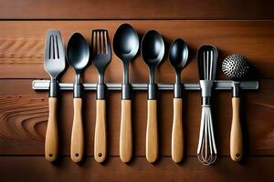 a group of utensils are arranged on a wooden surface. AI-Generated photo