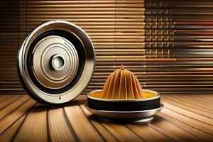 a wooden bowl with a wooden spoon sitting on top of a wooden table. AI-Generated photo