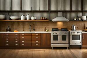 a kitchen with wooden cabinets and appliances. AI-Generated photo