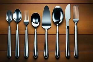 a collection of silverware on a wooden table. AI-Generated photo