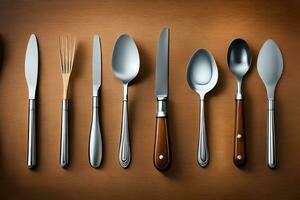 a collection of silverware on a wooden surface. AI-Generated photo