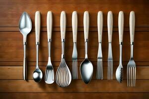 a set of silverware on a wooden table. AI-Generated photo