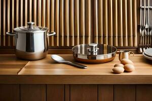 a wooden counter with a pot, pan and eggs. AI-Generated photo