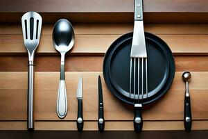 a set of utensils on a wooden surface. AI-Generated photo